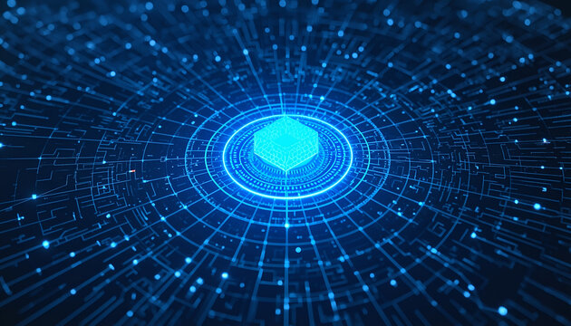 Hexagon icon centered within a radiating circular grid of digital lines and glowing nodes symbolizes a core processing unit in a vast technological landscape with empty dark copy space areas.