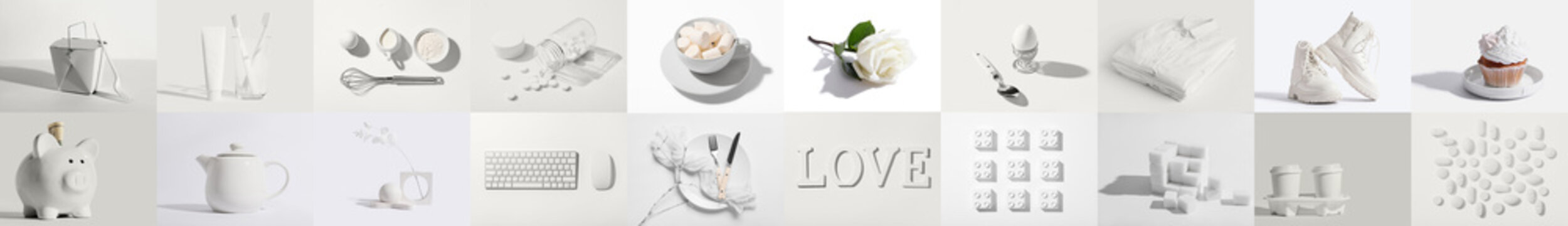 Collage of white items isolated on white