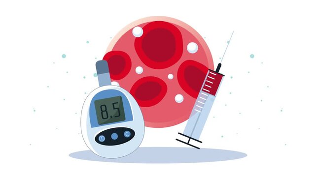 Diabetes management motion graphic featuring glucometer insulin syringe and blood cell for medical concept.