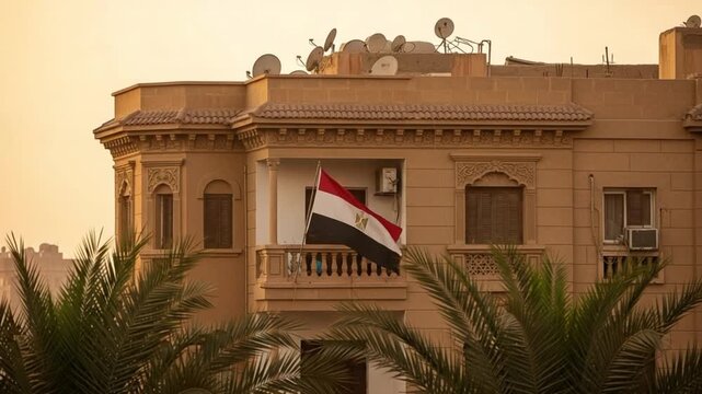 Egyptian flag waving on a residential balcony of a traditional stone building with palm trees at sunset