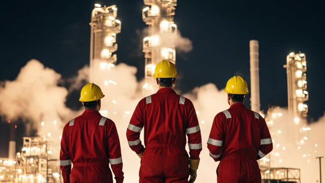 Three male night shift workers in red coveralls monitoring industrial refinery at night