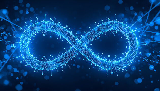 Infinity loop constructed from glowing fiber optic threads and digital particles shines brightly in a dark environment while providing significant copy space for modern data science presentations.