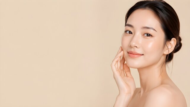 Luxury Asian model presents herself for branding and advertising with a gentle touch on her face in a serene environment.