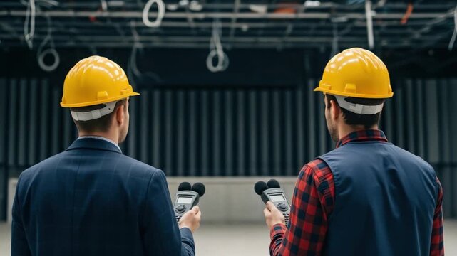 Acoustic Engineers Measuring Sound Levels in a New Recording Studio Construction