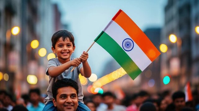 Young Indian boy sitting on father shoulders holding national flag during patriotic celebration in city street