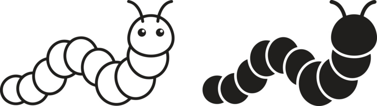 Cute caterpillar vector icon set featuring simple line and black silhouette versions isolated on a white background.