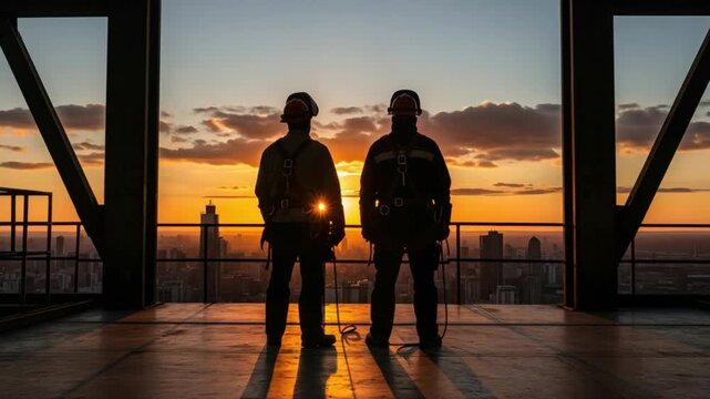 Two Male High Rise Construction Workers in Safety Harnesses at Sunset