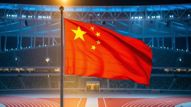 Chinese National Flag Waving Proudly in Empty Modern Sports Stadium Arena at Night