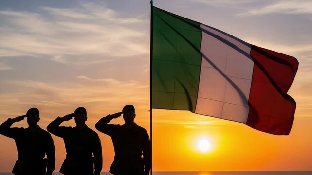 Three male soldiers in silhouette saluting the Italian flag at sunset, patriotic military tribute concept