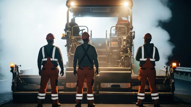 Male road workers in reflective gear operating asphalt paver during night shift infrastructure repair