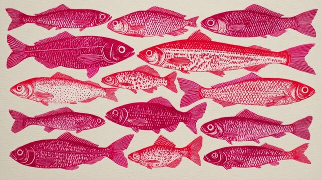 Minimalist risograph of pink and red sardines on white background, cute stylized fish with subtle patterns and speckles, simple flat composition capturing detail and charm for playful, quirky decor