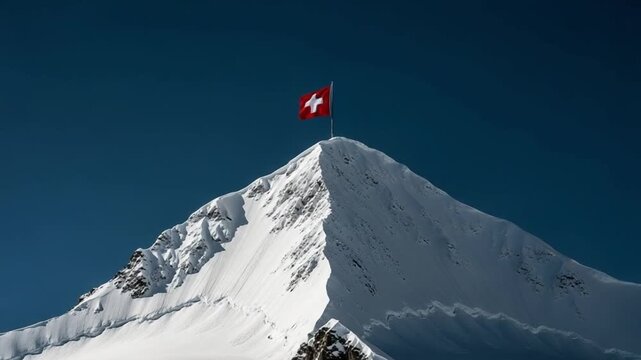 Swiss flag flying on a snow covered mountain peak against a deep blue sky representing alpine summit achievement