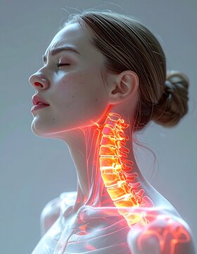 A woman's side profile with a glowing spine