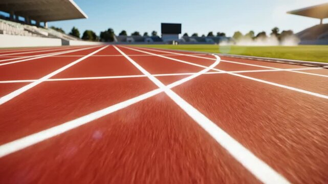 Running track with white lane lines, stadium grandstands and scoreboard in background, representing sports and competition