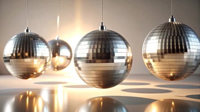 Four reflective spheres hanging from the ceiling, reflecting light and creating circular shadows