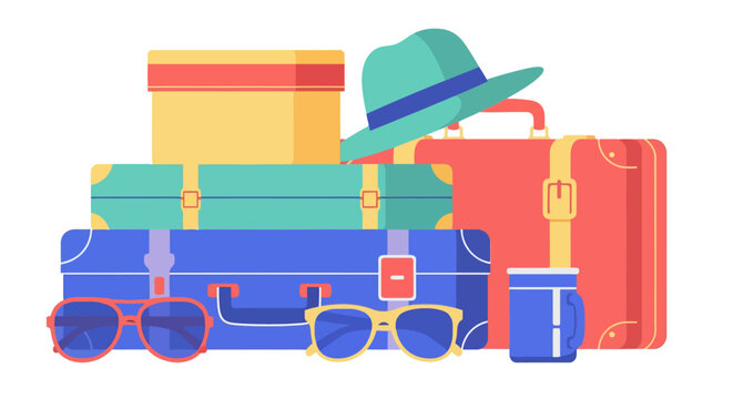 Colorful Stack of Travel Luggage and Accessories Ready for Vacation.