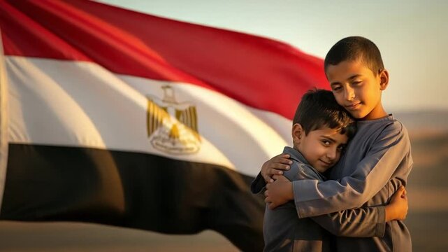 Two young Middle Eastern boys hugging affectionately in front of a national flag at sunset