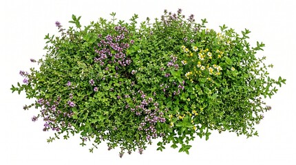 Obraz premium Fresh flowering thyme bush on white background, organic green herb plant with purple flowers, aromatic culinary garden herbs for cooking and wellness
