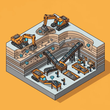 Isometric illustration of mining operations with excavators and workers.