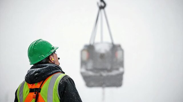 Professional male rigger in safety gear monitoring industrial crane operation during winter snow storm
