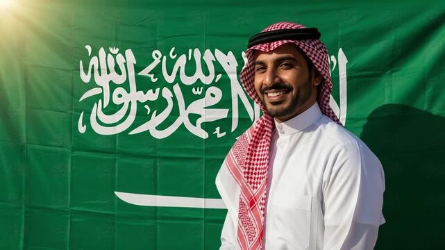 Smiling young Saudi Arabian man in traditional thobe and shemagh standing in front of national flag