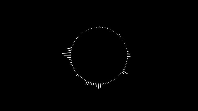 A graphic circular loop of rhythmic audio frequency sound waves in the background.
Round sound wave design on a black background, Circular interface audio voice music sound spectrum equalizer.