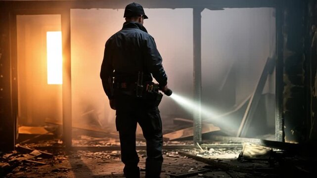 Male Forensic Investigator Inspecting Burnt Building Interior with Flashlight at Night