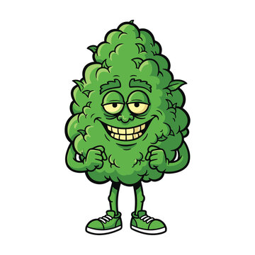 Happy green cannabis bud character with red eyes and a big smile mascot vector illustration.