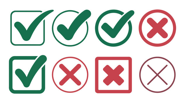 Selection of green check mark and red x mark icons with square and circle border frames.