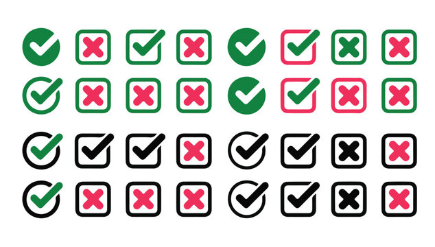 Comprehensive collection of check mark and x mark icons in various styles and colors set.