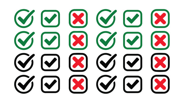 Check mark and cross icons set for approval and rejection status in green red and black.