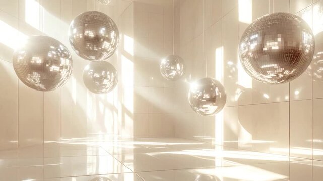 Room with mirrored spheres hanging from the ceiling, lit by bright, directional light