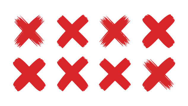 Red cross symbols with hand drawn brush stroke texture for artistic error and exit marks.