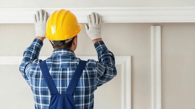 Professional Male Carpenter Installing Decorative Crown Molding in Modern Home Interior
