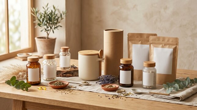 Various health supplements and herbal remedies displayed on a wooden table with natural light and rustic decor