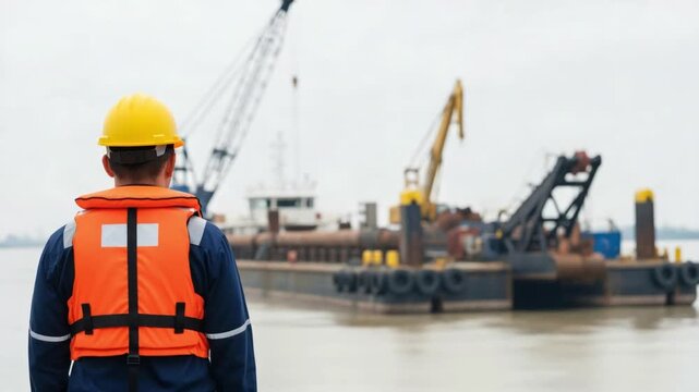 Male marine engineer in safety vest and hard hat inspecting a harbor dredging barge with cranes