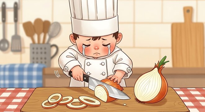Crying Chef Chopping Onion in Kitchen, Tears Flowing.