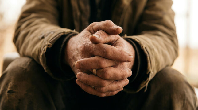 Weathered hands of elderly man clasped in prayer, hardworking senior male with wrinkled skin and gold ring, rustic portrait of manual labor and aging