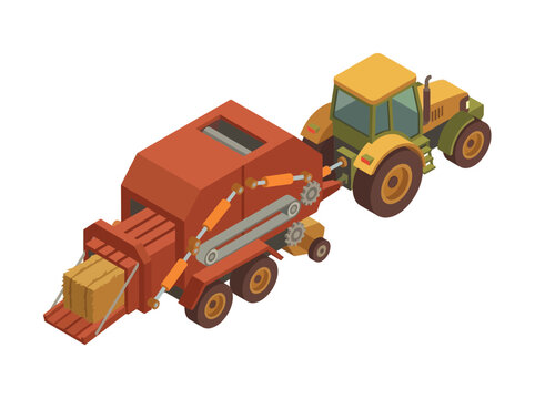 3D illustration of tractor and hay baler.