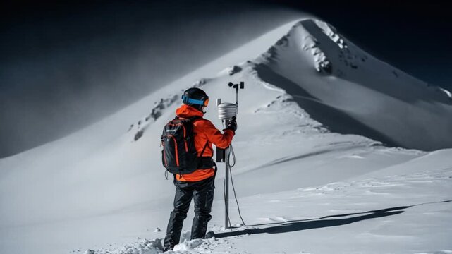 Male scientist in orange gear using weather station on snowy mountain peak for climate research