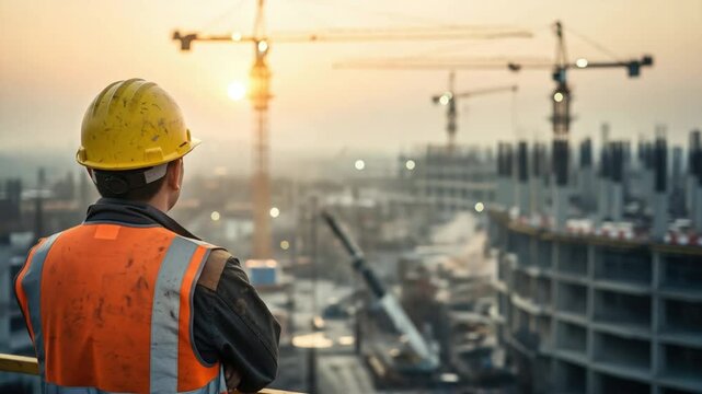 Male construction supervisor in safety gear overlooking urban building site at sunset