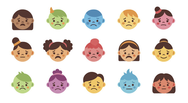 Diverse collection of childrens faces expressing various sad and unhappy emotions.