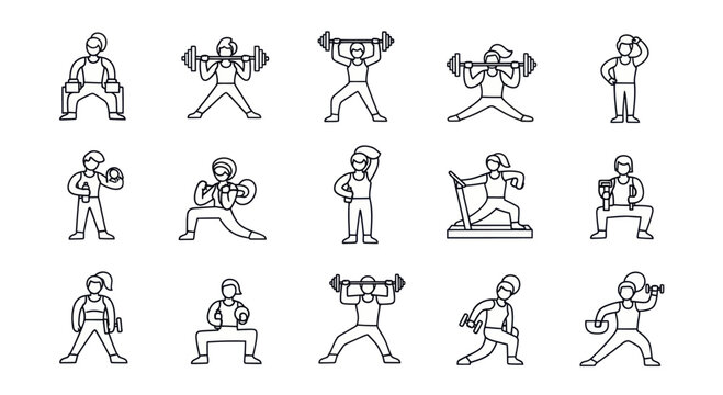Diverse collection of hand-drawn stick figures engaged in various fitness and weightlifting exercises.