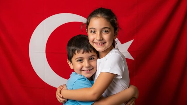 Happy young Turkish girl and boy hugging in front of the national flag of Turkey