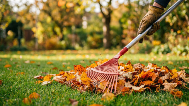 Autumn garden maintenance with red rake, gardener raking fallen orange leaves on green grass, seasonal backyard landscaping and yard work