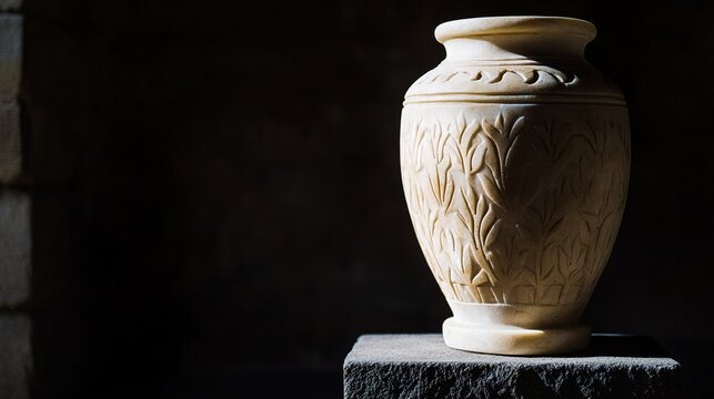 funerary. White marble urn with carved ivy patterns on a dark stone pedestal. real-estate listings, architecture portfolios, designed for architectural facade and classical detail presentations.