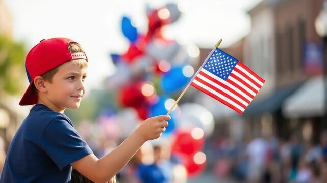 Young Caucasian Boy Holding Small American Flag at Festive Outdoor Parade Celebration