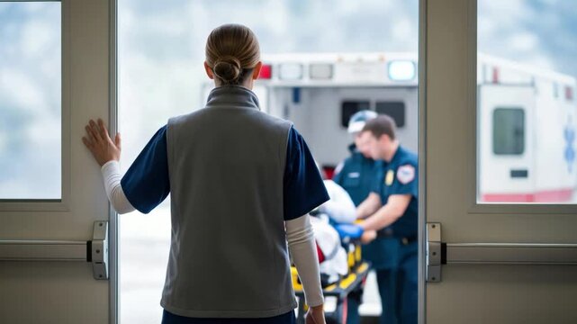 Female medical professional opening doors for emergency ambulance arrival at trauma center intake