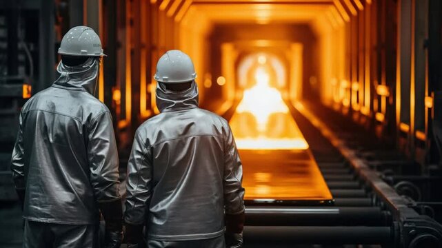 Two Male Steel Mill Workers in Heat Resistant Suits Monitoring Molten Metal Production