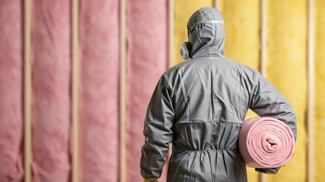 Professional male contractor in hazmat suit and respirator for asbestos remediation and insulation